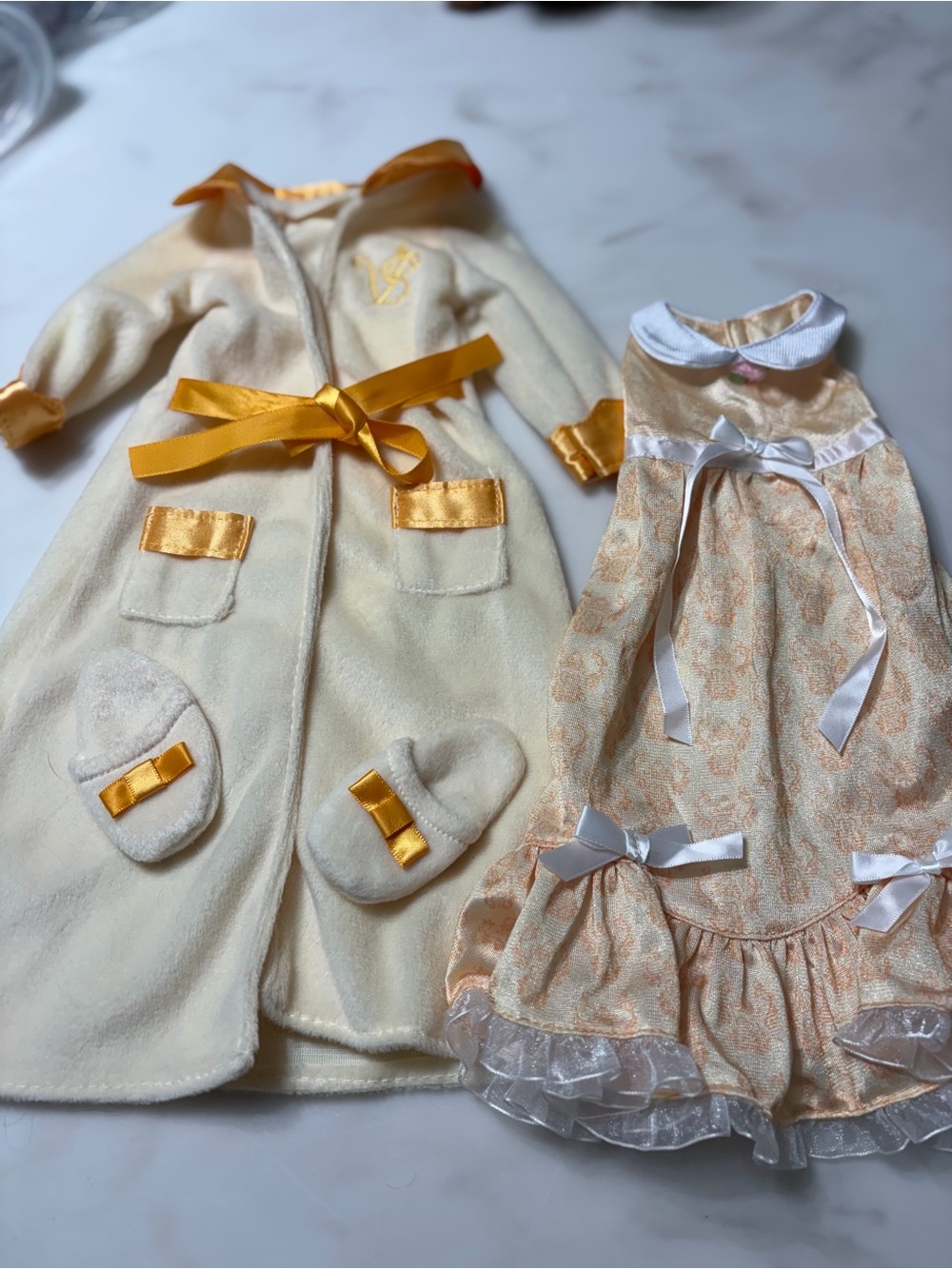 Cream and Gold Doll Outfit Set - Satin Trim Robe & Floral Dress